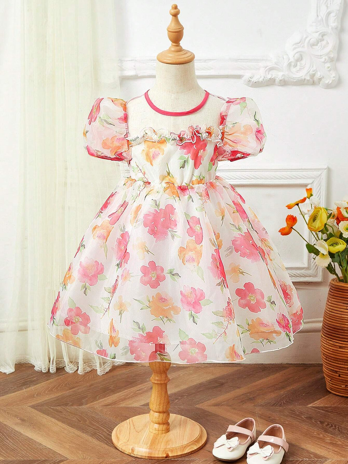 Girls' Romantic Floral Printed Organza Dress, Ideal For Summer