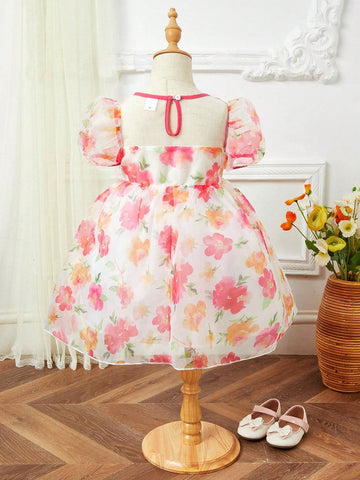 Girls' Romantic Floral Printed Organza Dress, Ideal For Summer