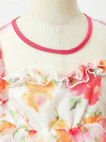 Girls' Romantic Floral Printed Organza Dress, Ideal For Summer
