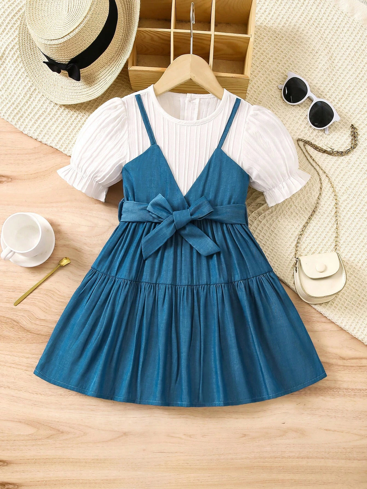Girls" Romantic Wave Pattern Short Sleeve Casual Denim Dress With Ruffle Hem For Summer