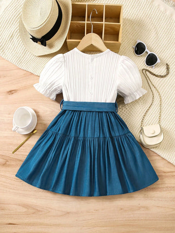 Girls" Romantic Wave Pattern Short Sleeve Casual Denim Dress With Ruffle Hem For Summer