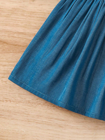 Girls" Romantic Wave Pattern Short Sleeve Casual Denim Dress With Ruffle Hem For Summer