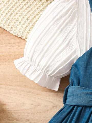 Girls" Romantic Wave Pattern Short Sleeve Casual Denim Dress With Ruffle Hem For Summer