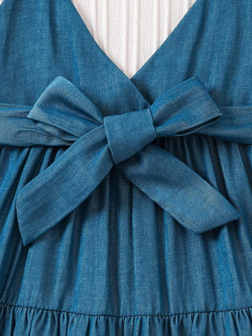 Girls" Romantic Wave Pattern Short Sleeve Casual Denim Dress With Ruffle Hem For Summer