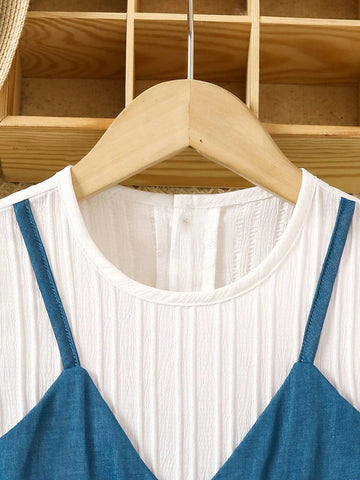 Girls" Romantic Wave Pattern Short Sleeve Casual Denim Dress With Ruffle Hem For Summer