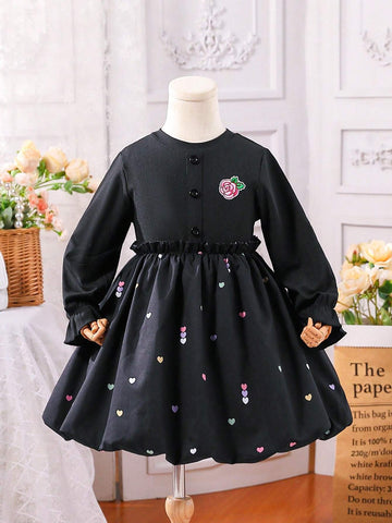 Girls Rose Embroidery Ruffle Hem Princess Dress