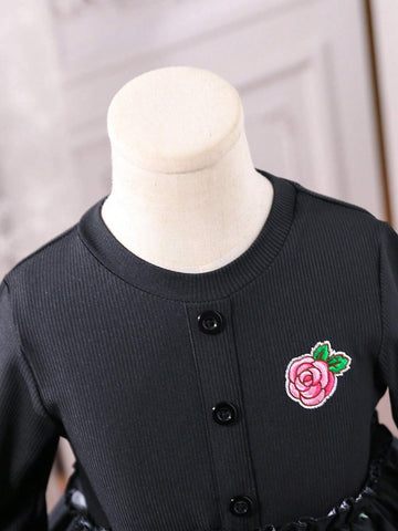 Girls Rose Embroidery Ruffle Hem Princess Dress