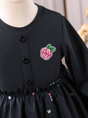 Girls Rose Embroidery Ruffle Hem Princess Dress