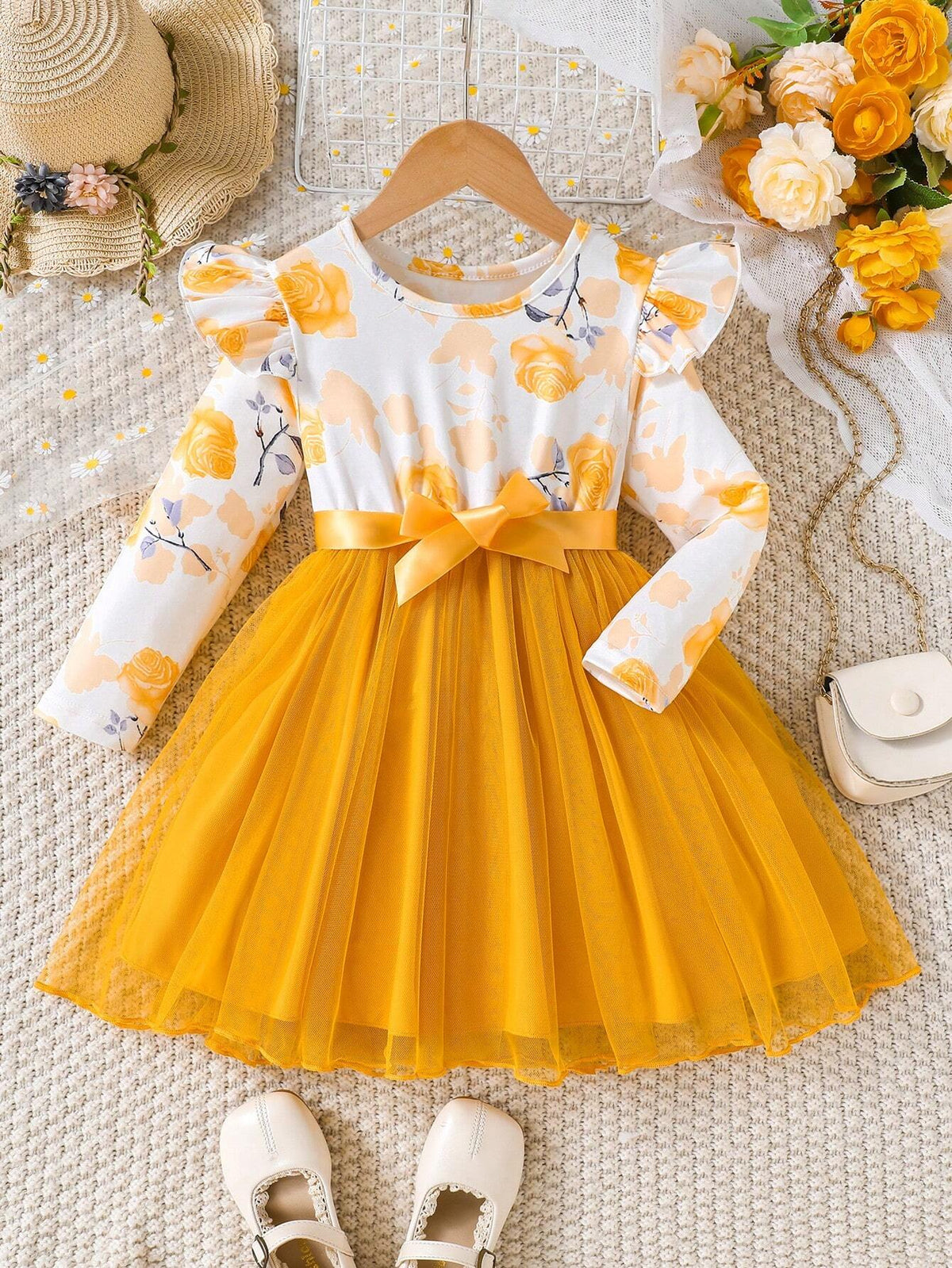 Girl's Rose Printed Splicing Mesh Leisure Resort Long Sleeve Dress Spring