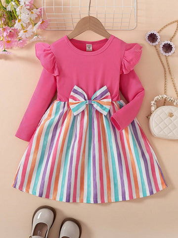 Girls Rosy Long Sleeve Casual Fashion Colorblock Bowknot Stripe Dress, Autumn/Winter