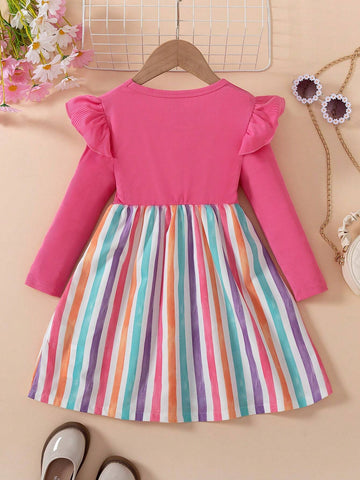 Girls Rosy Long Sleeve Casual Fashion Colorblock Bowknot Stripe Dress, Autumn/Winter