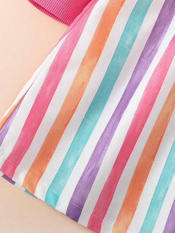 Girls Rosy Long Sleeve Casual Fashion Colorblock Bowknot Stripe Dress, Autumn/Winter