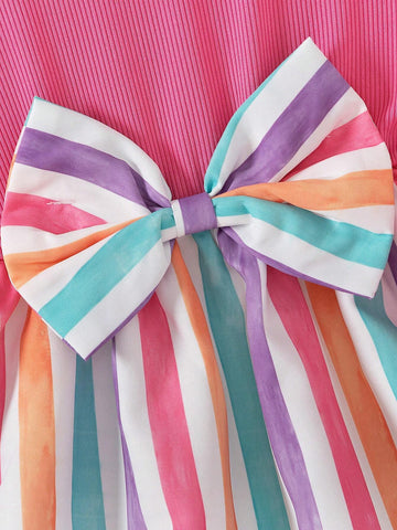 Girls Rosy Long Sleeve Casual Fashion Colorblock Bowknot Stripe Dress, Autumn/Winter