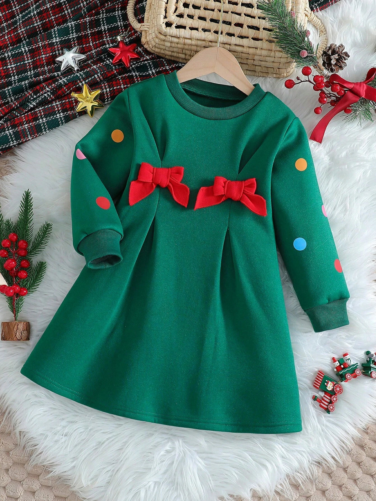 Girls Round Dot Print, Pleated Front, Bow Decor Round Neck, Fleece Long Sleeve Cute Casual Dress