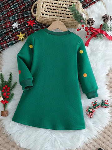 Girls Round Dot Print, Pleated Front, Bow Decor Round Neck, Fleece Long Sleeve Cute Casual Dress