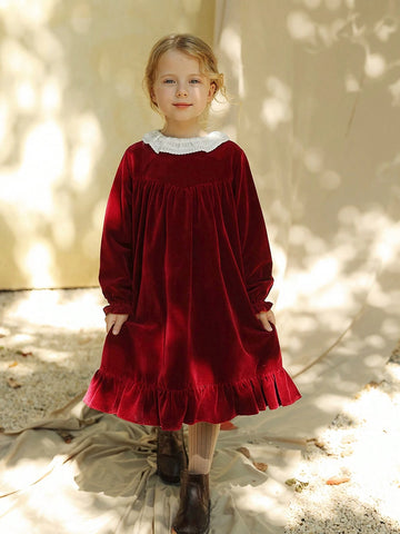 Girls Round Neck Colorblock Christmas Party Princess Dress, Autumn/Winter