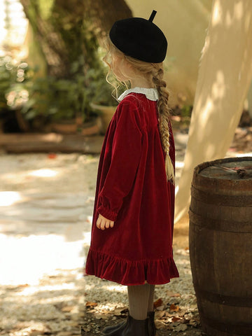 Girls Round Neck Colorblock Christmas Party Princess Dress, Autumn/Winter