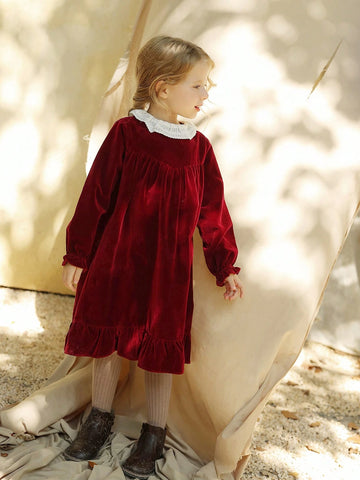 Girls Round Neck Colorblock Christmas Party Princess Dress, Autumn/Winter