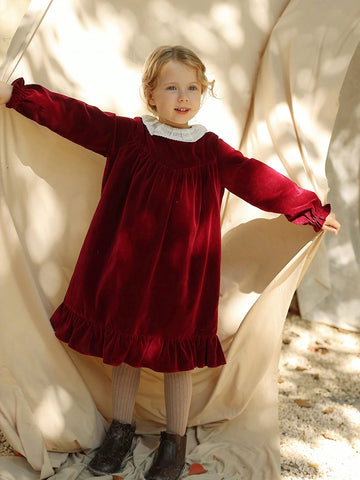 Girls Round Neck Colorblock Christmas Party Princess Dress, Autumn/Winter