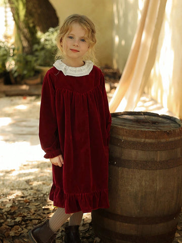 Girls Round Neck Colorblock Christmas Party Princess Dress, Autumn/Winter