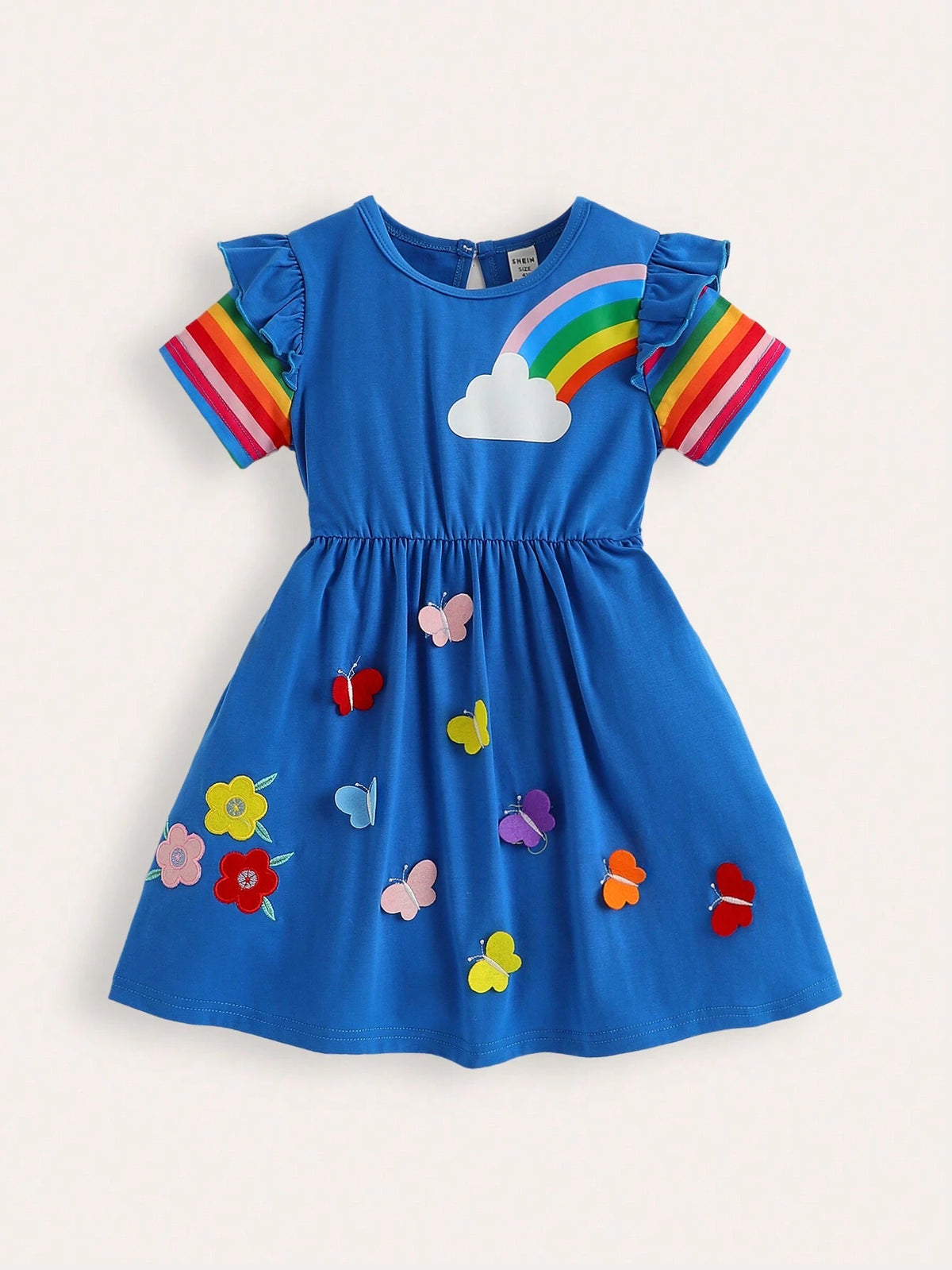 Girls' Round Neck Colorful Stripe Printed Short Sleeve Dress With Cloud Print Front And Flower & Butterfly Applique Embroidery Hem