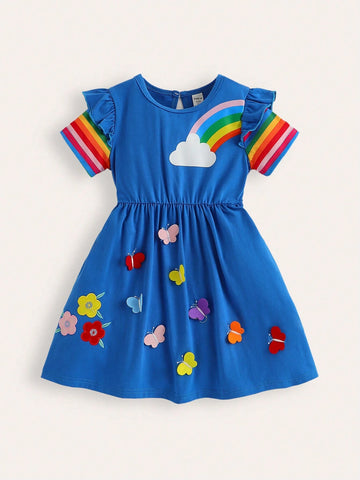 Girls' Round Neck Colorful Stripe Printed Short Sleeve Dress With Cloud Print Front And Flower & Butterfly Applique Embroidery Hem