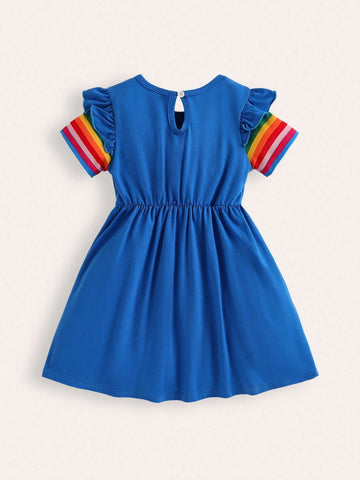 Girls' Round Neck Colorful Stripe Printed Short Sleeve Dress With Cloud Print Front And Flower & Butterfly Applique Embroidery Hem