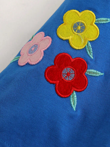 Girls' Round Neck Colorful Stripe Printed Short Sleeve Dress With Cloud Print Front And Flower & Butterfly Applique Embroidery Hem
