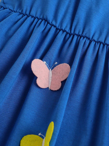 Girls' Round Neck Colorful Stripe Printed Short Sleeve Dress With Cloud Print Front And Flower & Butterfly Applique Embroidery Hem