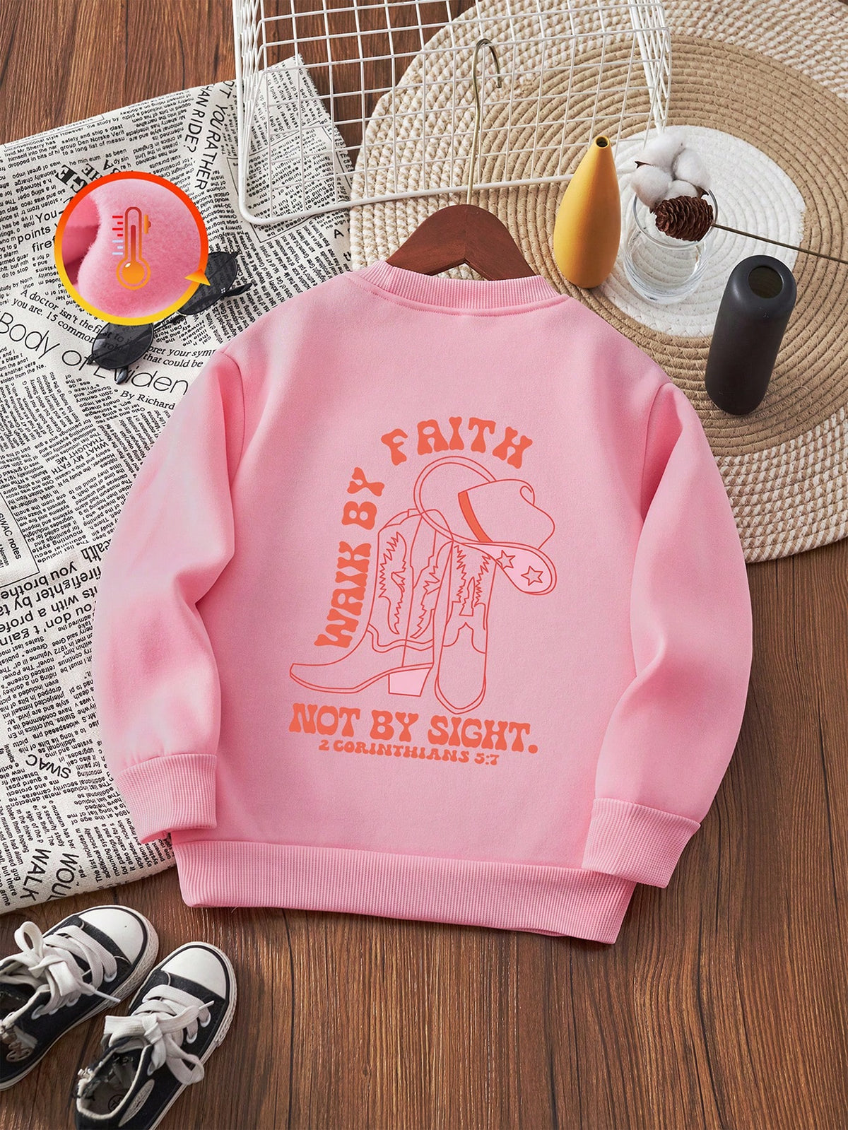 Girls Cartoon Print Round Neck Thermal Lined Long Sleeve Sweatshirt, Casual Thickened Winter Wear