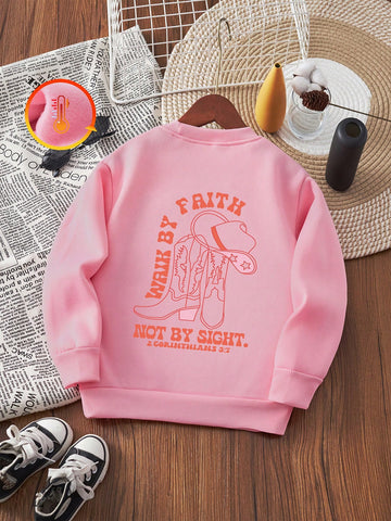 Girls Cartoon Print Round Neck Thermal Lined Long Sleeve Sweatshirt, Casual Thickened Winter Wear