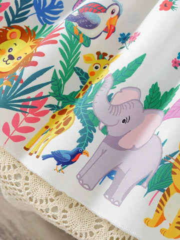 Girls' Round Neck Fun Positioning Printed Dress, Suitable For Vacation, Birthday Party, And Summer