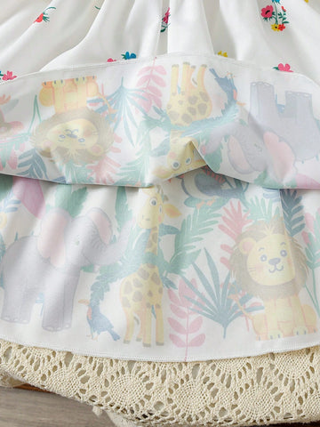 Girls' Round Neck Fun Positioning Printed Dress, Suitable For Vacation, Birthday Party, And Summer