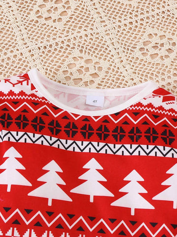 Girls' Round Neck Long Sleeve Christmas Tree & Deer Print Dress, Autumn & Winter