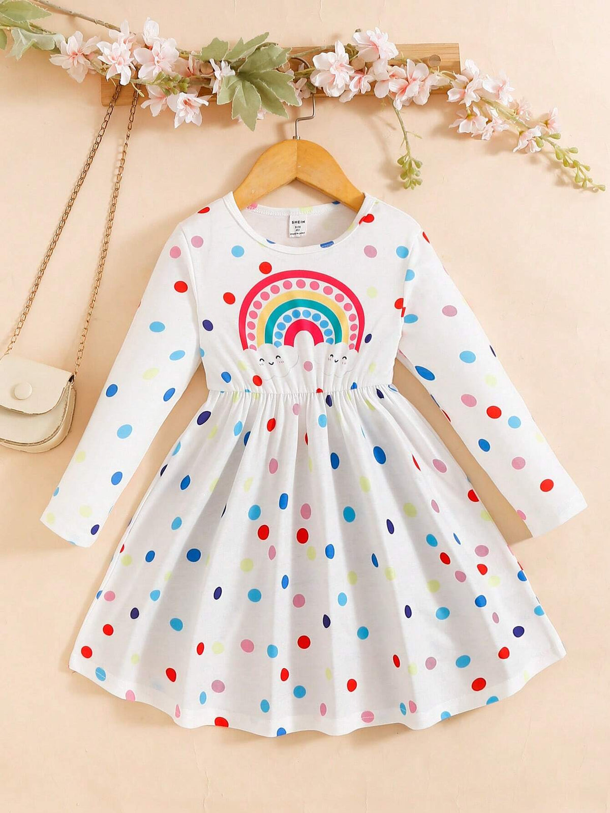 Girls' Round Neck Long Sleeve Polka Dot Rainbow Cute Fashion Dress