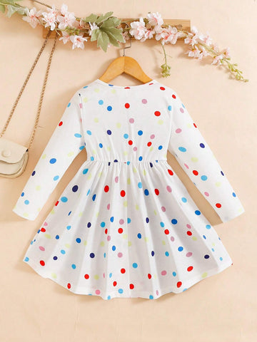 Girls' Round Neck Long Sleeve Polka Dot Rainbow Cute Fashion Dress