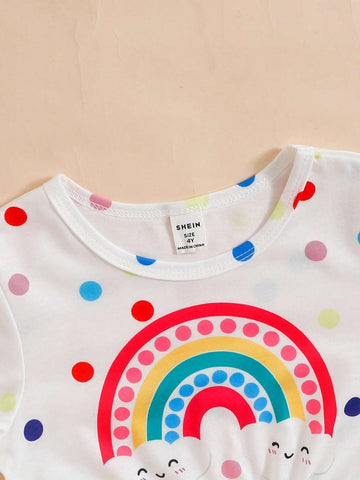 Girls' Round Neck Long Sleeve Polka Dot Rainbow Cute Fashion Dress