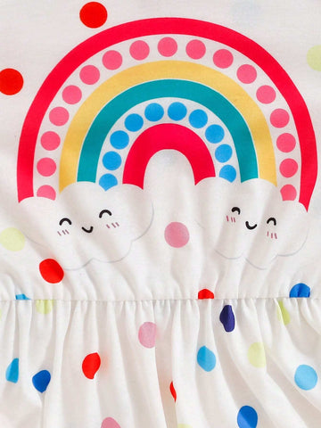 Girls' Round Neck Long Sleeve Polka Dot Rainbow Cute Fashion Dress