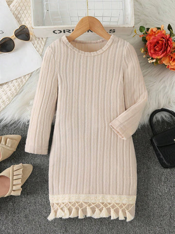 Girls Round Neck Long Sleeve Slim Fit Textured Solid Color Casual Dress, Versatile For Daily Wear In Autumn/Winter