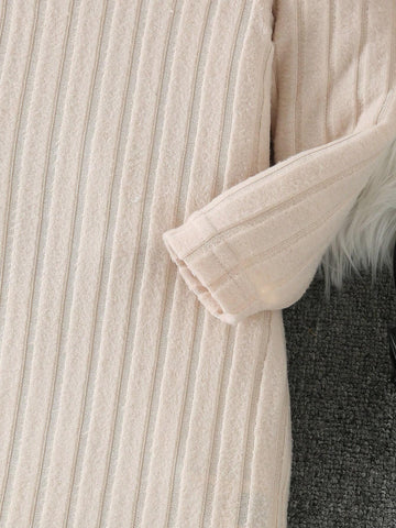 Girls Round Neck Long Sleeve Slim Fit Textured Solid Color Casual Dress, Versatile For Daily Wear In Autumn/Winter