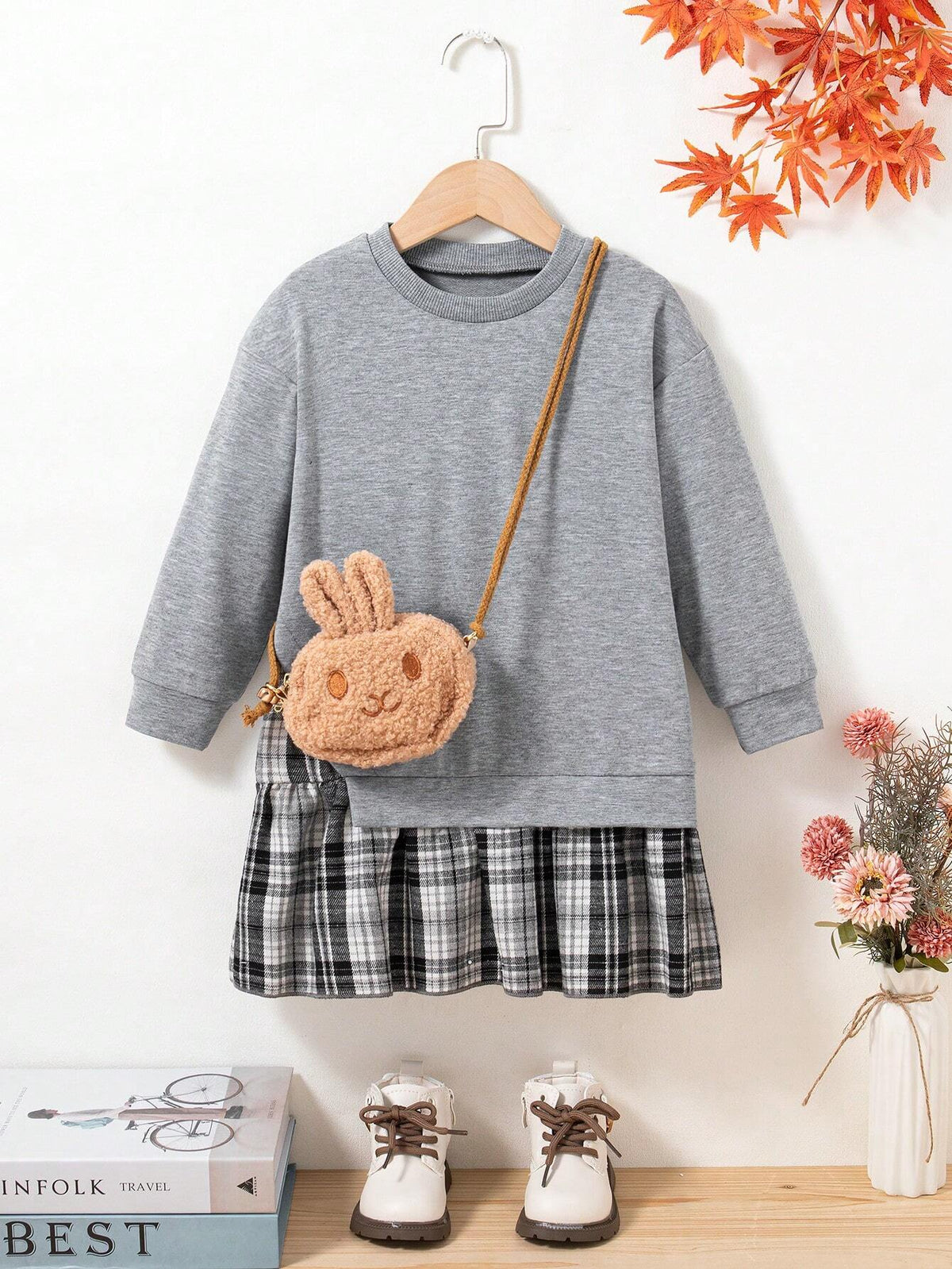 Girls Round Neck Long Sleeve Top With Plaid Pleated Skirt Dress, Comes With Bag