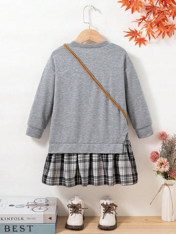 Girls Round Neck Long Sleeve Top With Plaid Pleated Skirt Dress, Comes With Bag