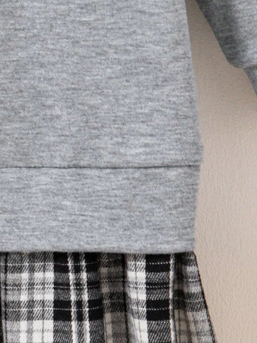 Girls Round Neck Long Sleeve Top With Plaid Pleated Skirt Dress, Comes With Bag