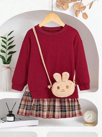 Girls Round Neck Long Sleeve Top With Plaid Pleated Skirt Dress Set, Comes With Bag