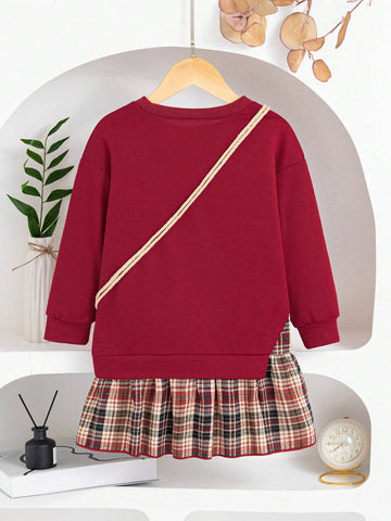 Girls Round Neck Long Sleeve Top With Plaid Pleated Skirt Dress Set, Comes With Bag