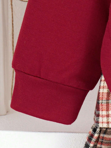 Girls Round Neck Long Sleeve Top With Plaid Pleated Skirt Dress Set, Comes With Bag