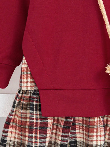 Girls Round Neck Long Sleeve Top With Plaid Pleated Skirt Dress Set, Comes With Bag