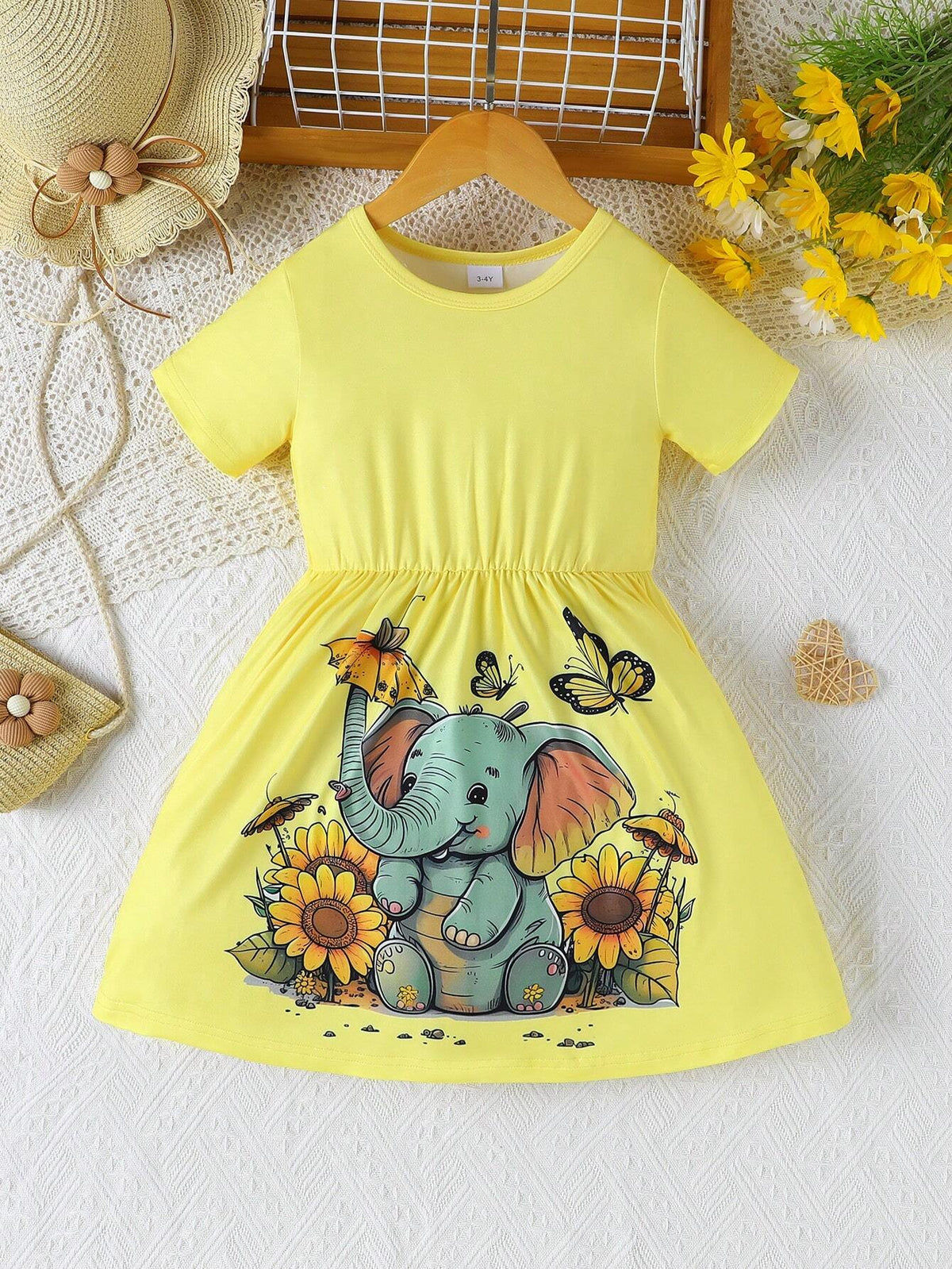 Girls Round Neck Short Sleeve Fresh And Cute Elephant Butterfly Flower Print Dress