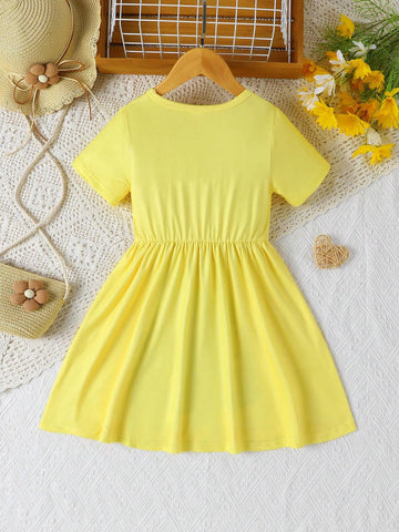 Girls Round Neck Short Sleeve Fresh And Cute Elephant Butterfly Flower Print Dress