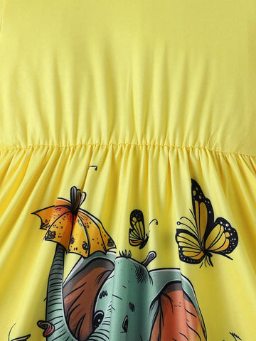 Girls Round Neck Short Sleeve Fresh And Cute Elephant Butterfly Flower Print Dress